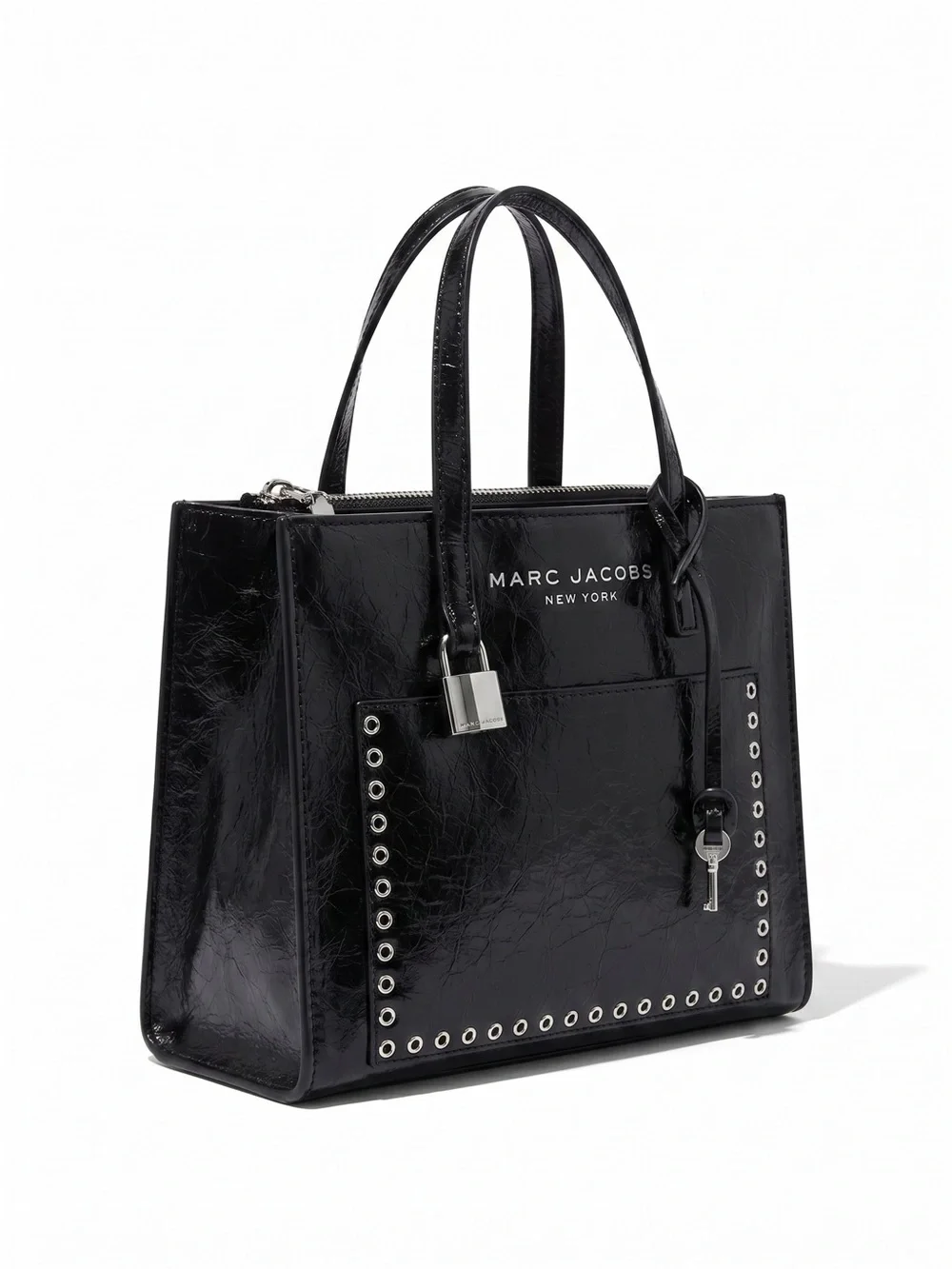 Marc Jacobs Shiny Crinkle Leather Mini Tote Crossbody Padlock Black NWOT
